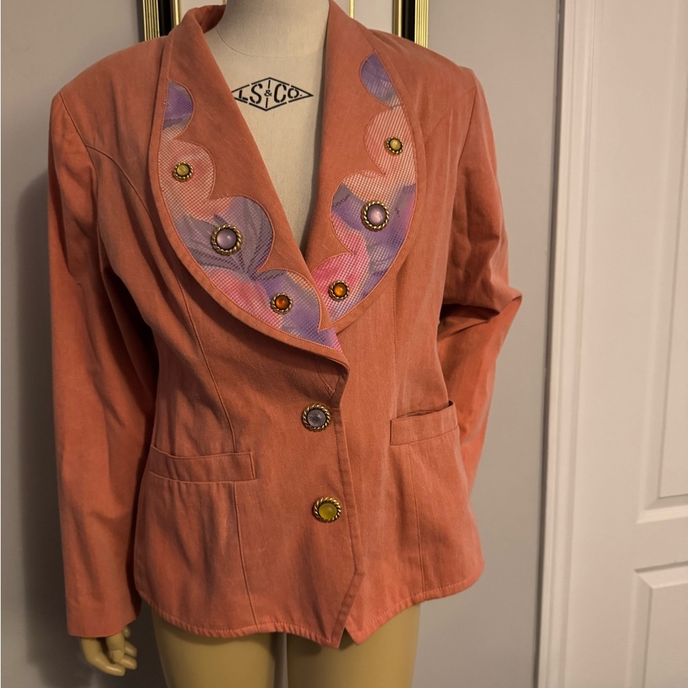 Lace vintage Women's Coral Blazer with Embellished Lapel. Ptp 19”lenght 24” - Picture 3 of 11